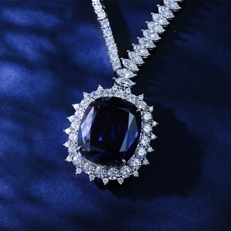 Popular European and American synthetic sapphire necklace women's 925 silver chain fashionable, noble and luxurious 43cm