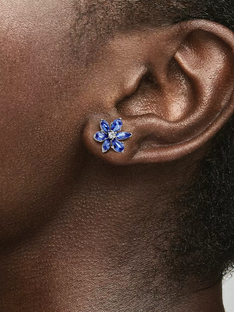 Pandora shines blue inlay stud earrings, flower style, high-quality, simple, individual, niche
