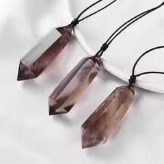 Natural tea crystal double pointed pendant pendant smoke crystal pendant men and women couples ethnic style tea crystal necklace gift