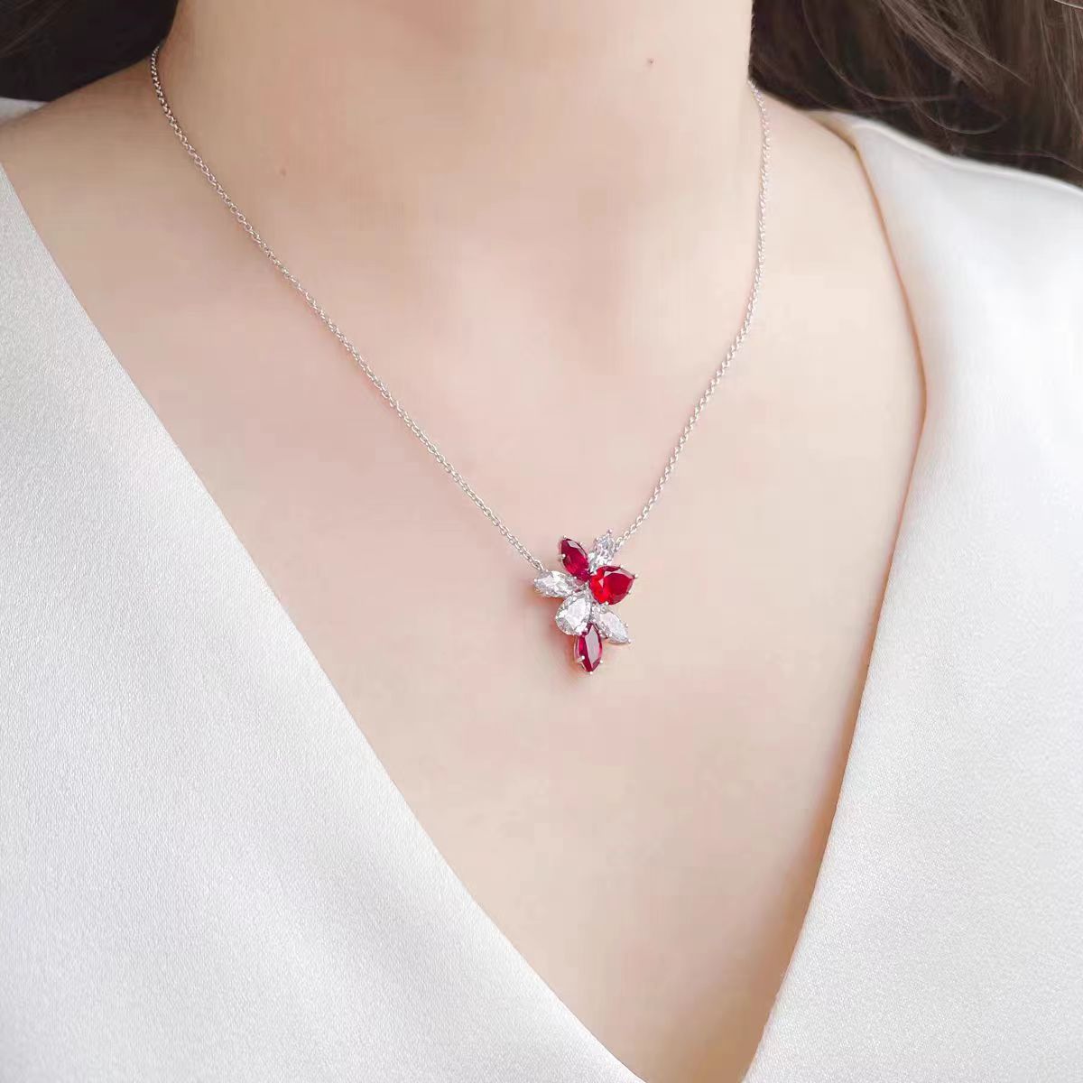 Ruby necklace 18K white gold artificial diamond clavicle chain for women