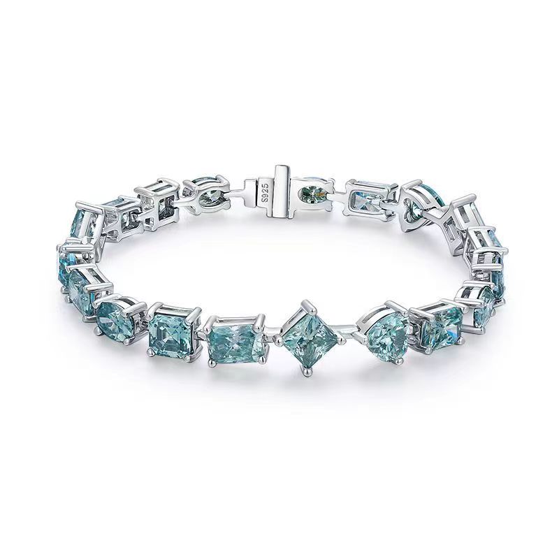 New 1 carat profile color moissanite princess square heart emerald oval 925 silver, blue-green bracelet