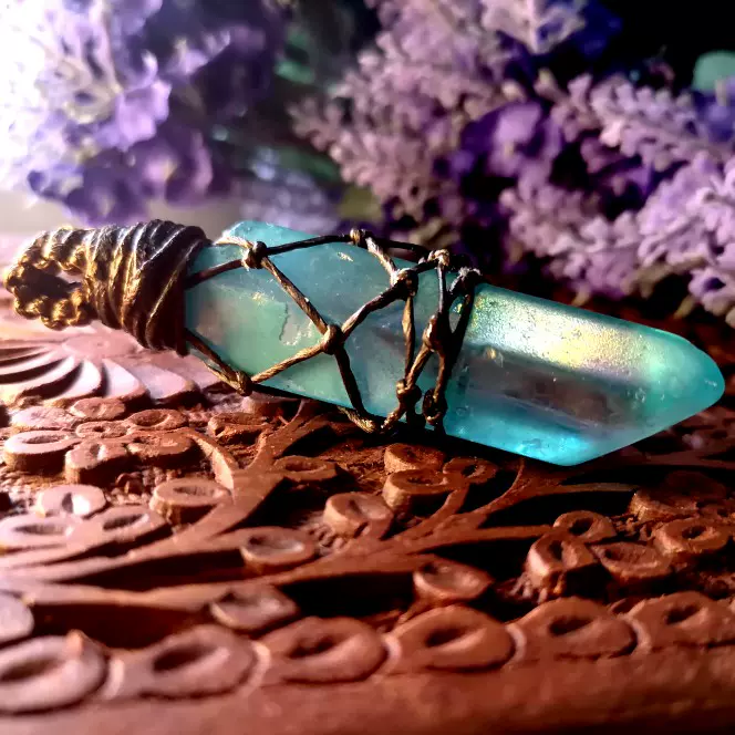 Natural electroplated crystal pillar lake blue original stone hand net paraffin rope pendant necklace South American style
