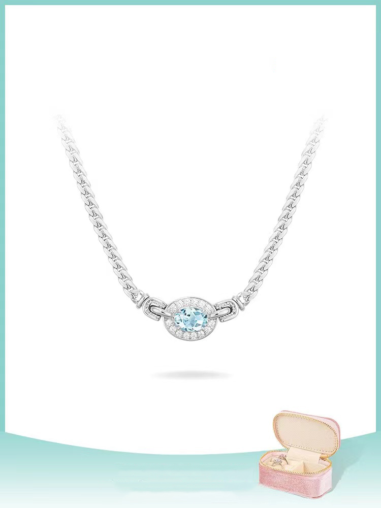 Aquamarine Synthetic Colored Gemstone 925 Silver Necklace High Luxury Design Sense Exquisite Gift