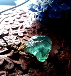 Peacock blue green fluorite bronze wrapped original paraffin rope crystal pendant necklace