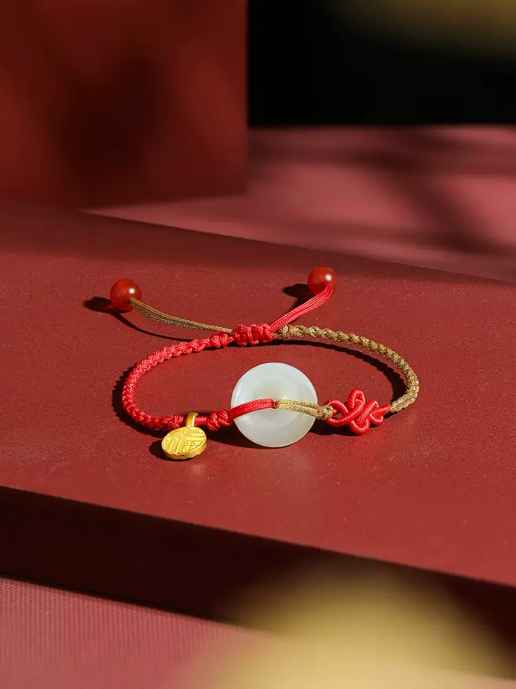 Hetian jade bracelet gold pure gold peace buckle bracelet female gold inlaid jade red braided rope
