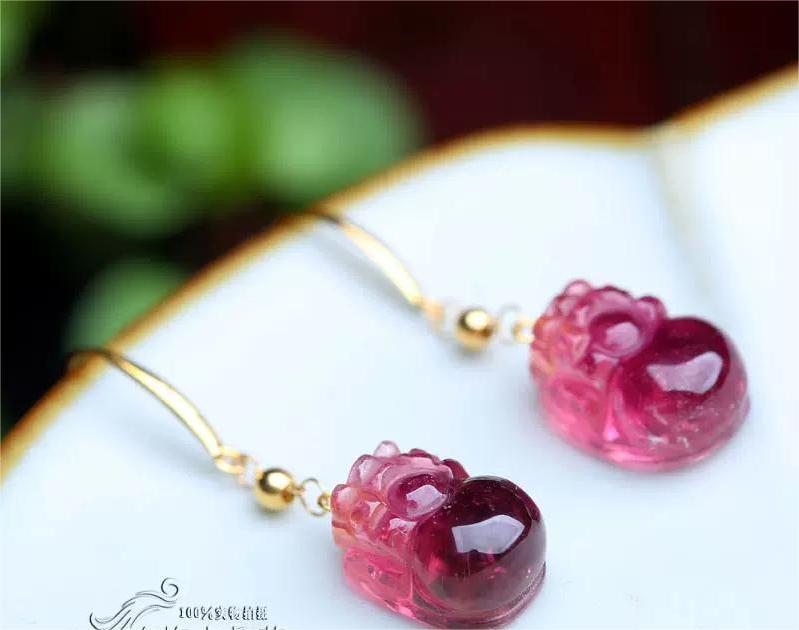 18K gold natural rubellite pixiu earrings, ice through the glass body ruby red women's delicate ear hooks