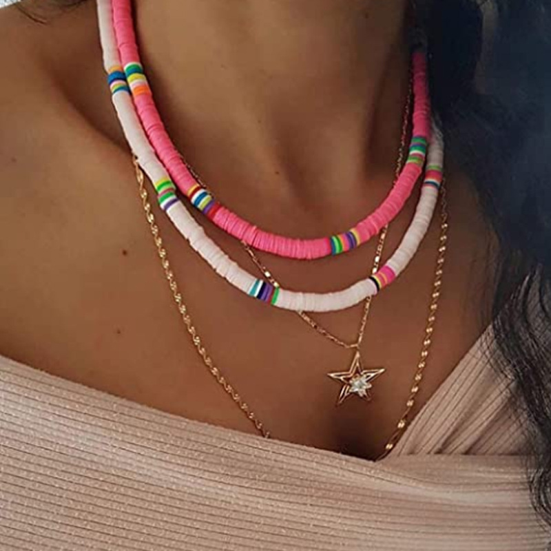 Bohemian short choker handmade round piece 6mm polymer clay necklace collarbone chain