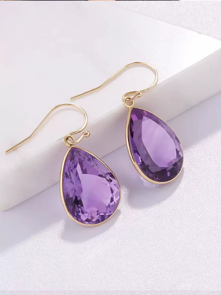 GSK Earrings Women's 13 Carat Natural Amethyst 14K Gold Colored Gemstone Temperament Long Earrings Valentine's Day Gift