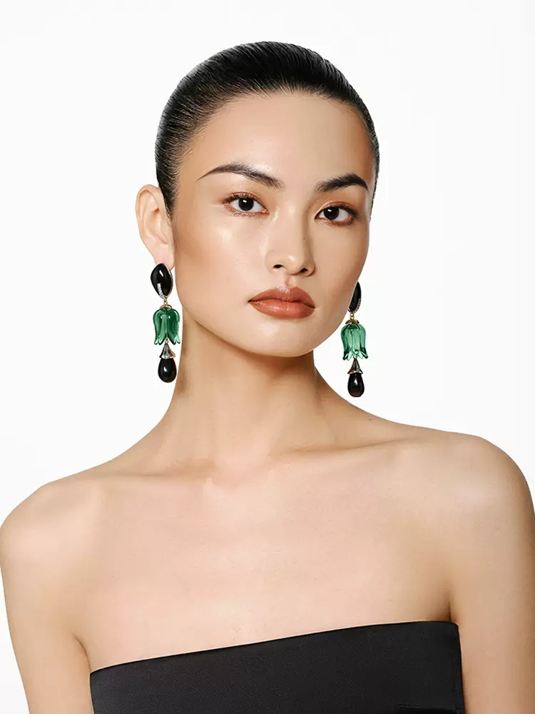 MOH Oriental Series Dark Green Glass Bud Pendant Earrings New Chinese Earrings Retro Earrings