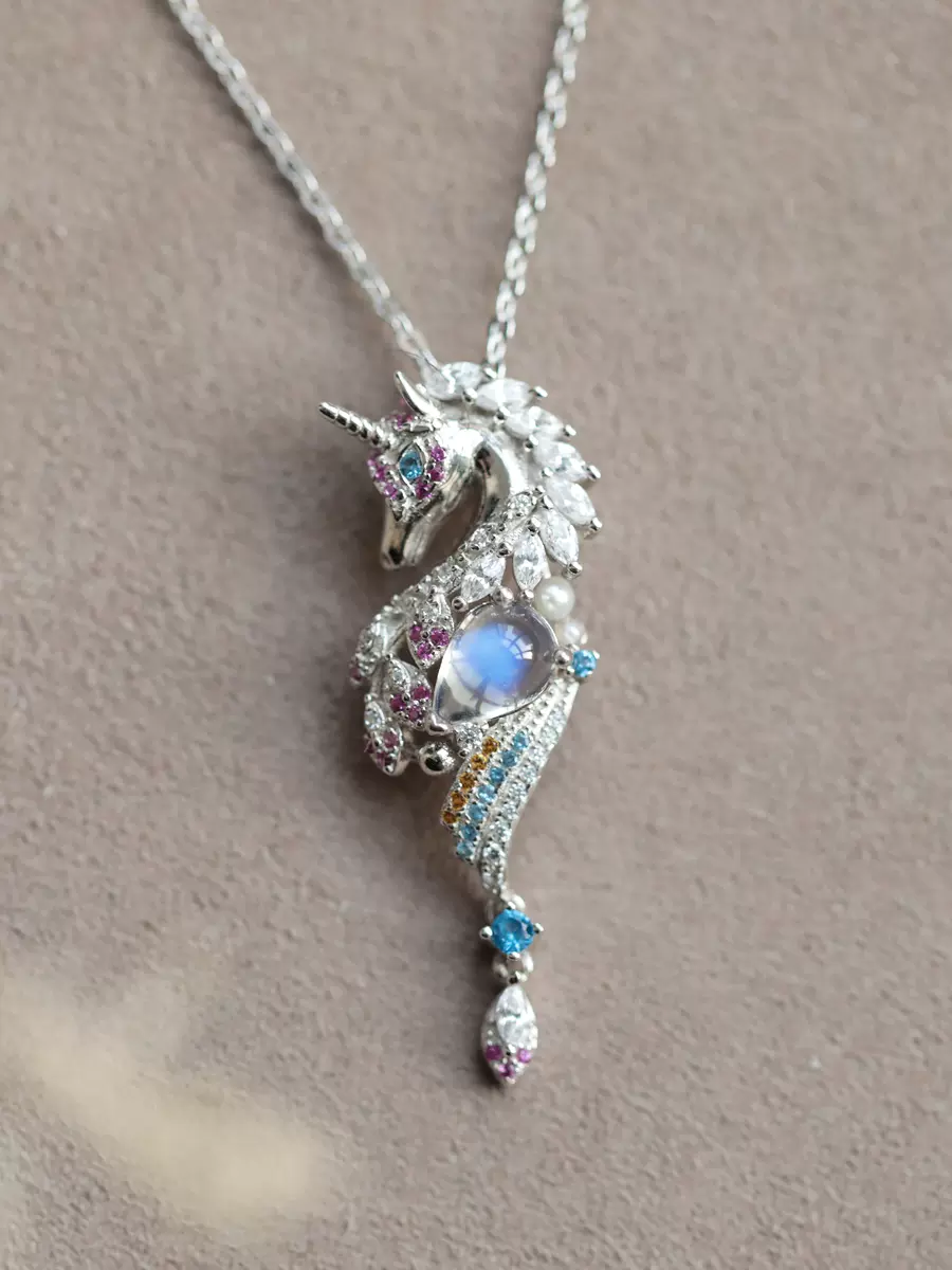925 sterling silver blue moonstone unicorn pendant women's necklace collarbone chain light luxury niche design sense new gift